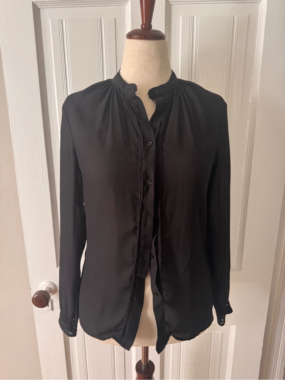 H&M Black Long-Sleeve Button-Front Blouse with Trim, size 8